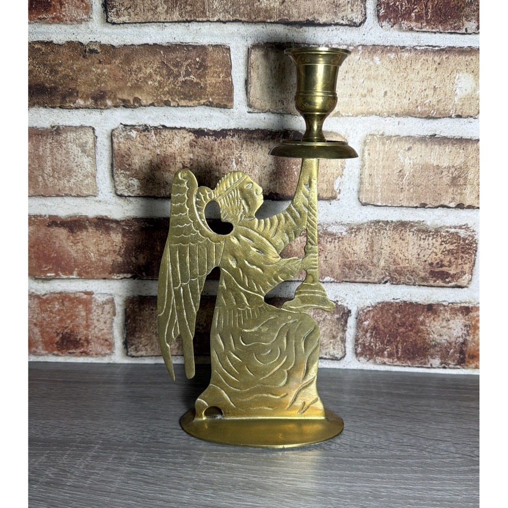 VTG 90s Solid Brass Kneeling Angel Taper Candle Holder Christmas India